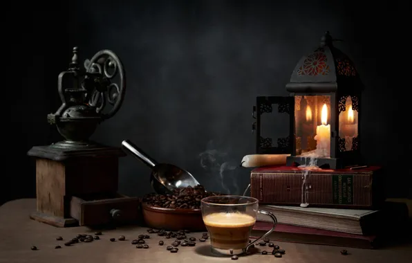 Picture style, books, lamp, coffee, candles, mug, still life, coffee beans, coffee grinder, scoop