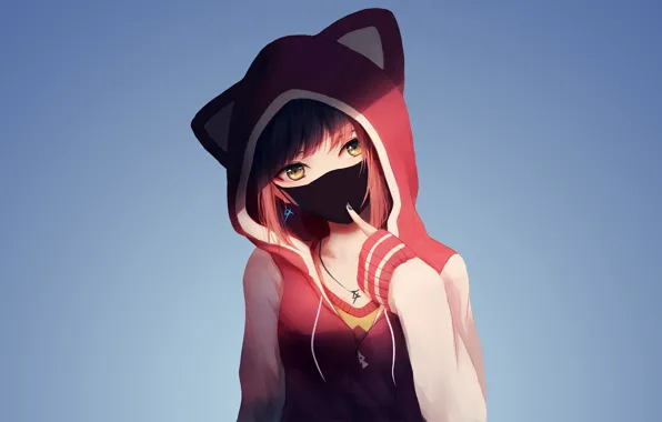 Picture Pink, Girl, Art, Anime, Shadow, Urban style, Cute, Pretty, Hood, Sweater, Necklace, Earrings, Surgical mask, …