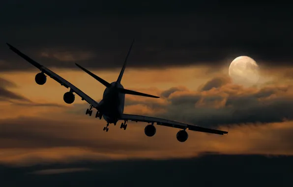 Picture The sky, Clouds, Night, The plane, The moon, Liner, Flight, The full moon, Landing, Airliner, …