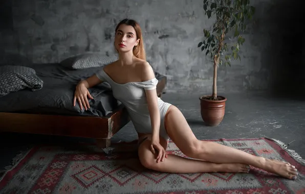 Picture girl, pose, bed, carpet, legs, on the floor, tree, Yuri Demidov