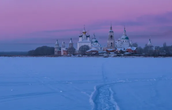 Picture winter, snow, dawn, morning, Russia, the monastery, temples, Church, Rostov, Spaso-Yakovlevsky Dimitriev monastery, frozen lake, …