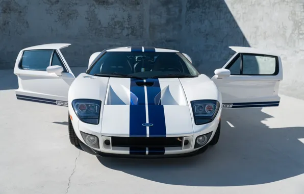 Picture White, Supercar, The front, American car, Blue stripes, 2005 Ford GT