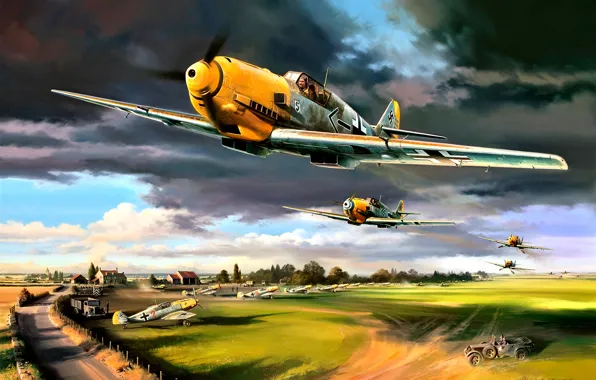 Picture clouds, Trees, Messerschmitt, The airfield, JG26 Schlageter, cars, Bf.109E-4, Adolf Galland