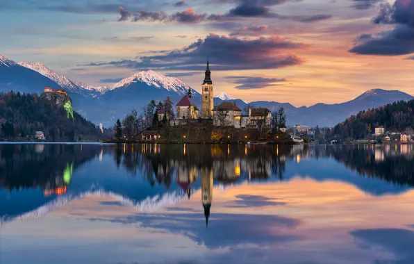 Picture sunset, mountains, lake, reflection, island, Church, Slovenia, Lake Bled, Slovenia, Lake bled, Bled, Assumption of …