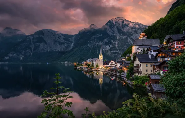 Picture mountains, lake, building, home, the evening, Austria, Alps, Austria, Hallstatt, Alps, Lake Hallstatt, Hallstatt, Lake …