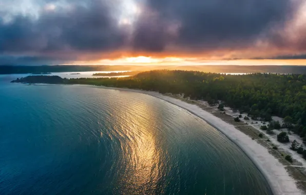Picture forest, beach, sunset, lake, Russia, Lake Ladoga, Karelia, Yuri Stolypin, Island Kajosaari, National Park Ladoga …