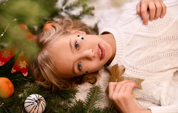 Picture look, branches, smile, holiday, toys, new year, spruce, girl, needles, jumper, teen