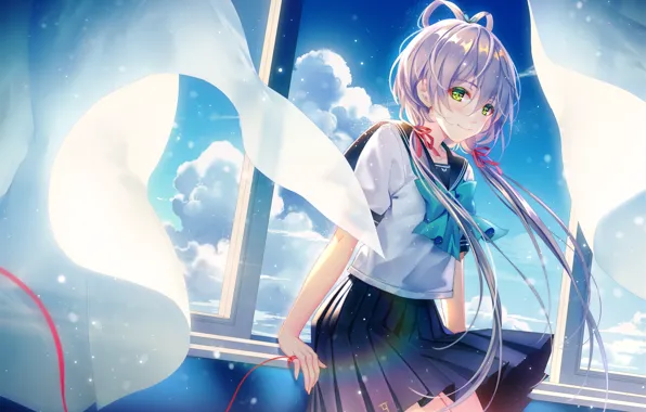 Picture girl, clouds, window, Vocaloid, embarrassment, Luo Tianyi, red ribbon, TID