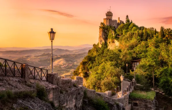 Picture road, landscape, mountains, nature, dawn, morning, lights, fortress, San Marino