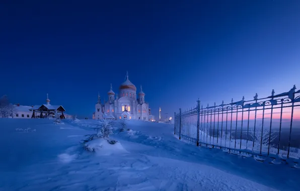 Picture winter, snow, sunset, the fence, temple, Russia, path, Perm Krai, White mountain, Belogorsky Nicholas monastery, …