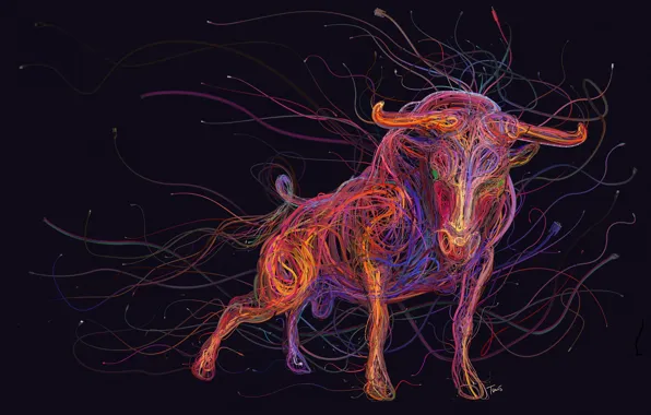 Picture colorful, animals, art, painting, abstraction, rendering, digital art, bull, drawing, wires, cables, computer cables