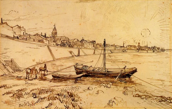 Picture Drawings, Vincent van Gogh, Bank of the Rhone at Arles
