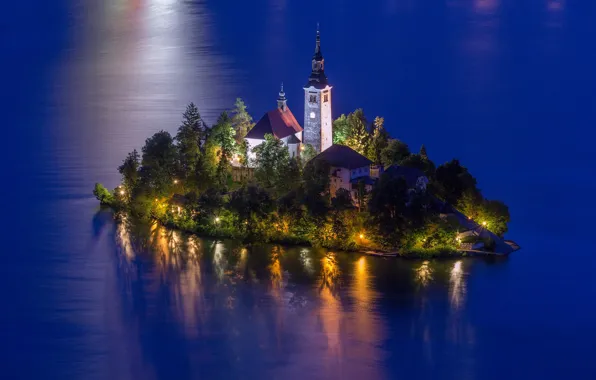 Picture water, landscape, nature, lake, the evening, lighting, Church, island, Slovenia, Lake Bled, Lake bled, Bled