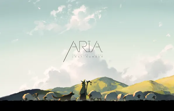 Picture sky, animals, nature, anime, dog, clouds, Aria, sheep, artwork, countryside, shepherd, flock, anime girl, Aria …