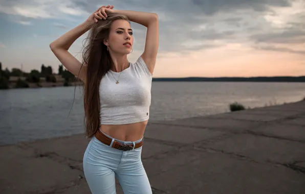 Picture the sky, sunset, sexy, pose, river, model, portrait, jeans, the evening, makeup, Mike, figure, hairstyle, …