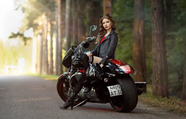 Picture road, trees, Girl, motorcycle, Alina Panevska, Alexander Chuprina