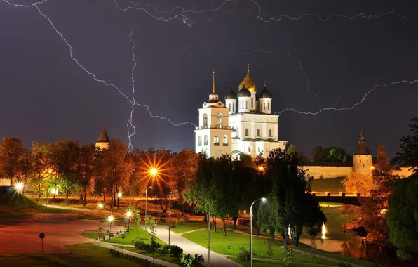 Picture the storm, night, the city, lightning, lighting, lights, Cathedral, tower, The Kremlin, dome, Pskov, Chrome