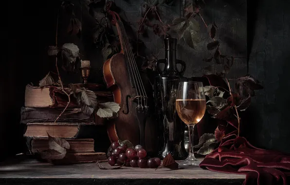 Picture leaves, berries, violin, glass, books, branch, grapes, fabric, still life, bottle, Vladimir Osaulenko