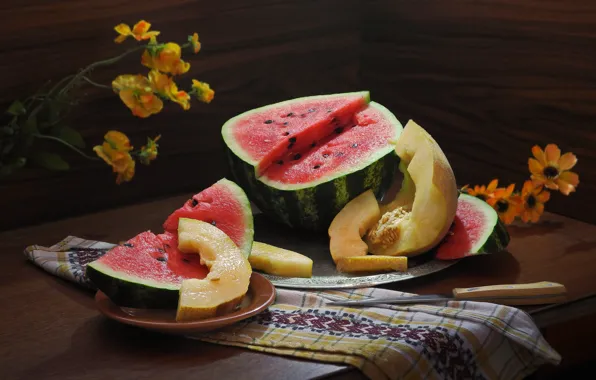 Picture flowers, towel, watermelon, fruit, plate, knife, table, slices, dish, melon, Sergey Pounder