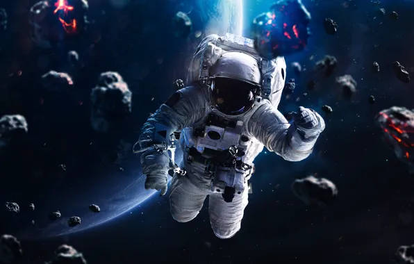 Picture space, astronaut, meteorite, Blue horizon