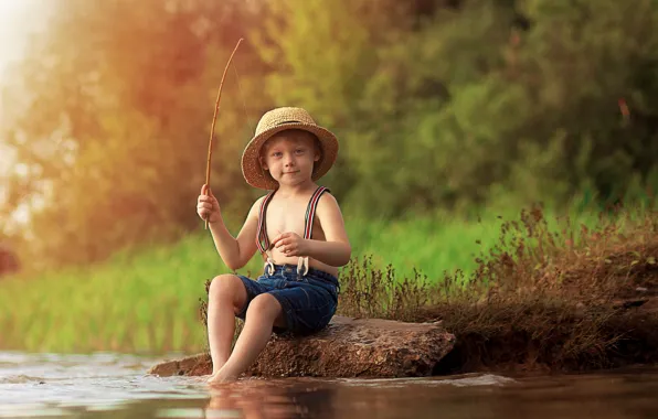 Picture summer, nature, river, stone, fishing, fisherman, boy, child, Ekaterina Borisova