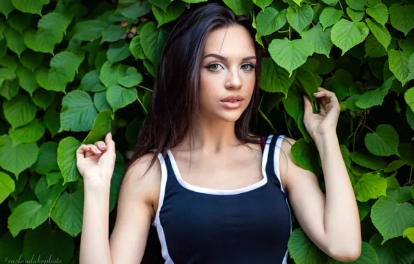 Picture greens, look, leaves, pose, background, model, portrait, makeup, Mike, brunette, hairstyle, Anastasia, Ruslan Duke