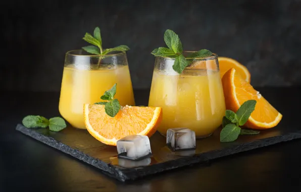 Picture ice, oranges, juice, glasses, still life, mint, slices, orange juice, ice cubes, Maxim Chikunov