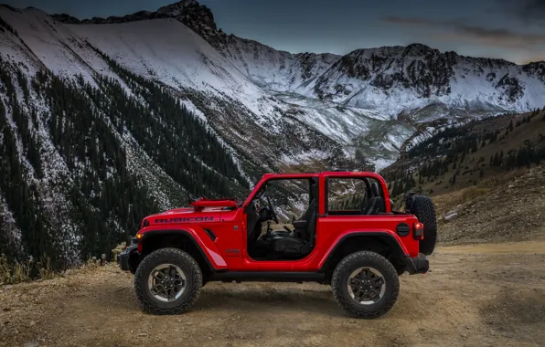 Picture mountains, red, Parking, profile, 2018, Jeep, Wrangler Rubicon
