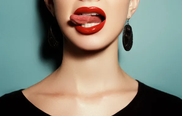Picture language, teeth, earrings, mouth, lips, blue background, red lips