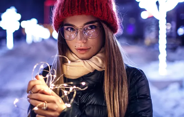 Picture winter, look, lights, model, hat, Girl, glasses, Sergey Sorokin, Luba Ivanova