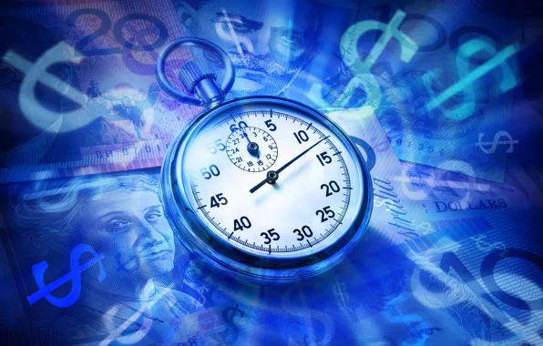 Picture close-up, blue, background, watch, money, dollars, dial, bills, pocket watch