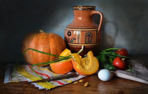 Picture table, egg, bow, knife, dishes, pumpkin, pitcher, still life, vegetables, tomatoes