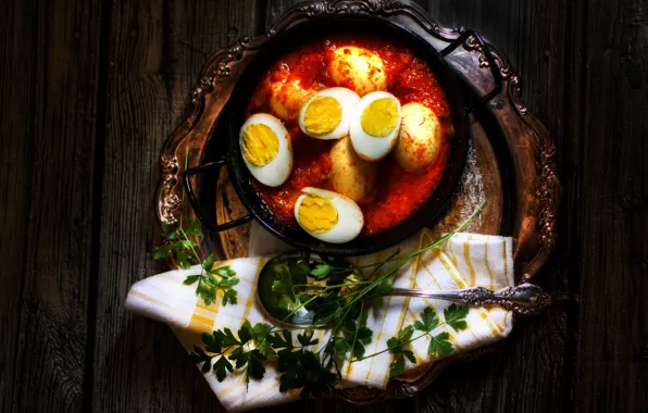 Picture the dark background, food, eggs, dish, in tomato sauce