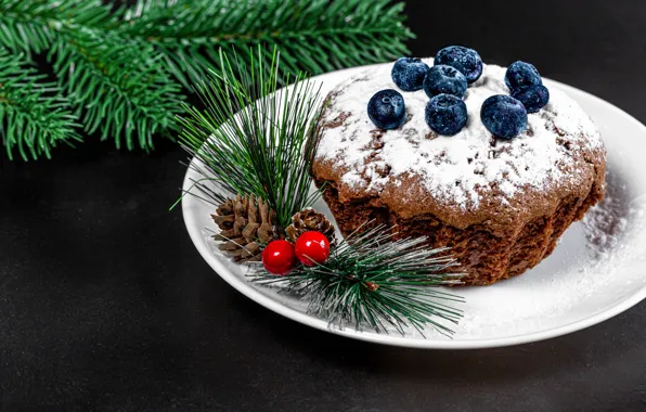 Picture berries, plate, Christmas, New year, bumps, cupcake, twigs, powdered sugar, blueberries, spruce branches