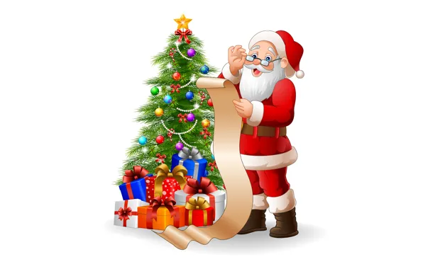 Picture Christmas, gifts, white background, New year, tree, list, Santa Claus