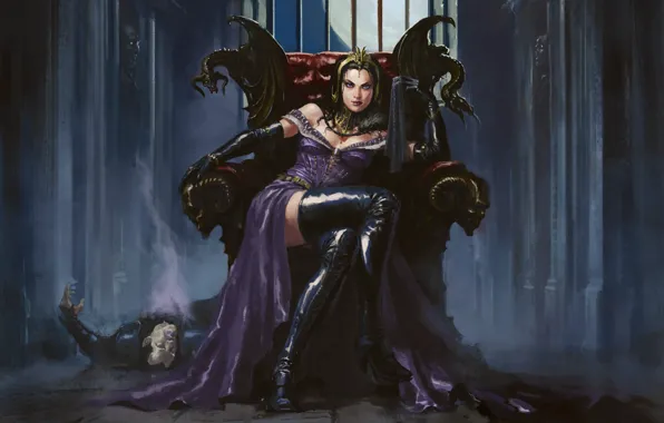 Picture girl, MAG, necromancer, Liliana, Magic: The Gathering, сидит на троне
