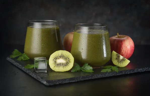 Picture Apple, ice, kiwi, juice, glasses, still life, parsley, smoothies, ice cube, Максим Чикунов