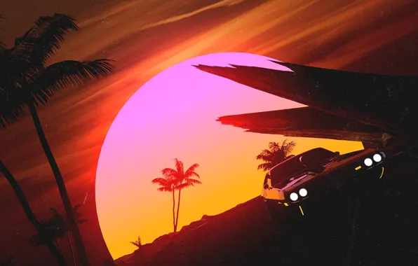 Picture Sunset, The sun, Auto, Music, Machine, Style, Palm trees, 80s, Style, Illustration, Concept Art, Vehicles, …