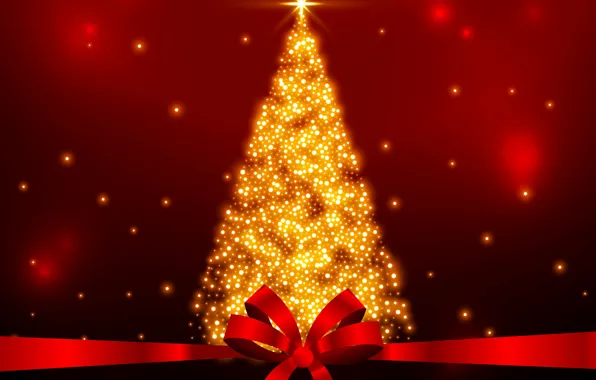 Picture stars, decoration, gold, tree, Christmas, New year, golden, christmas, new year, happy, bow, red background, …