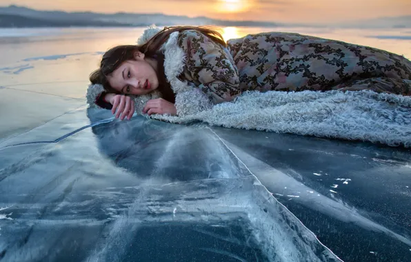 Picture winter, girl, sunset, pose, ice, frozen lake, Elena Shumilova