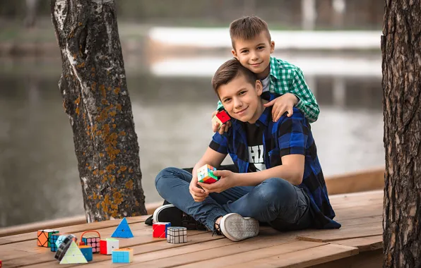 Picture children, brothers, boys, teen, Vladimir Vasiliev, puzzle, Rubik's cubes