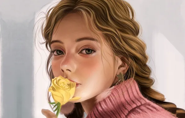 Picture pink, grey background, sweater, portrait of a girl, yellow rose, Vincent Chu