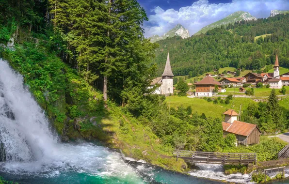 Picture forest, river, waterfall, home, Switzerland, valley, village, Switzerland, Яун, Jaun, Jaunbach River, Река Яунбах, Jaun …