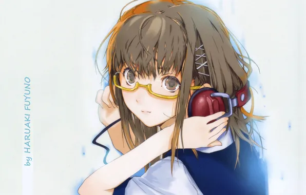Picture hands, headphones, glasses, girl, schoolgirl, blue background, bangs, sideways, haruaki fuyuno