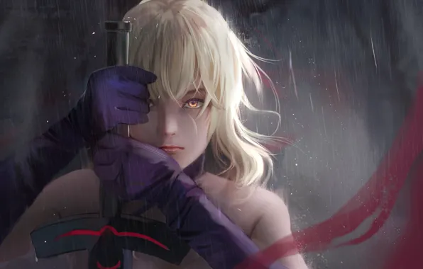 Picture eyes, look, girl, face, weapons, rain, sword, fantasy, art, gloves