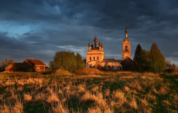 Picture landscape, clouds, nature, home, village, Church, temple, the bell tower, Maxim Evdokimov