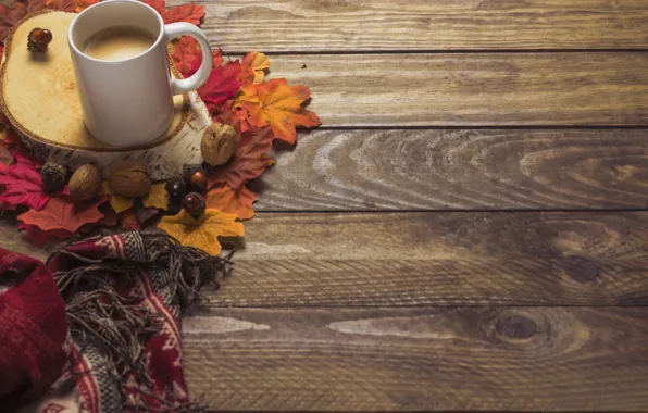 Picture autumn, leaves, background, tree, coffee, colorful, scarf, Cup, wood, background, autumn, leaves, cup, coffee, autumn, …