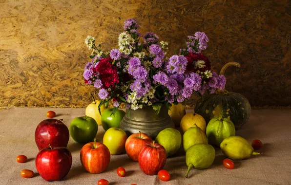 Picture flowers, apples, bouquet, pumpkin, fruit, still life, vegetables, pear, flowers, fruit, still life, vegetable