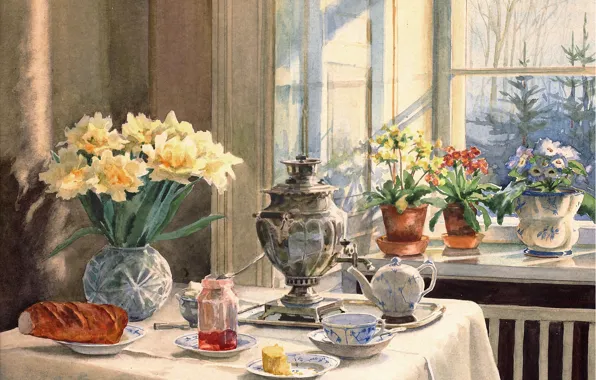 Picture flowers, table, kettle, window, vase, samovar, jam, baton, Olga Kulikovskaya-Romanova, pots