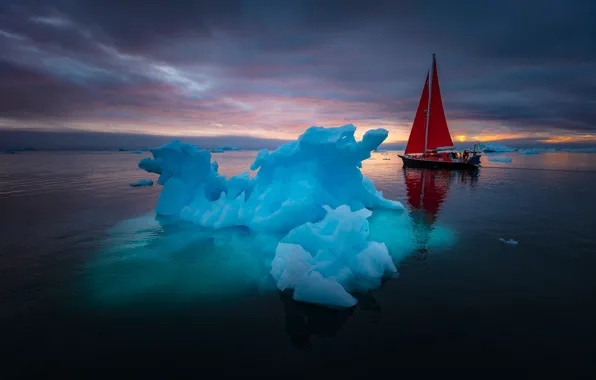 Picture landscape, sunset, reflection, the ocean, boat, sailboat, ice, sails, Greenland
